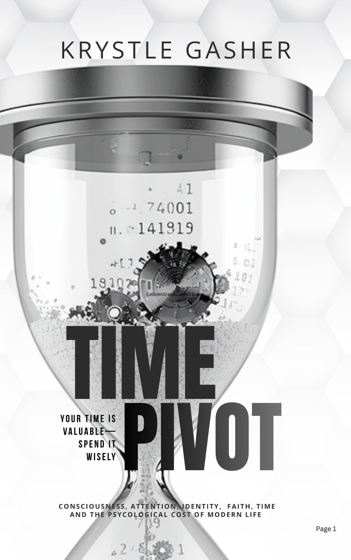 Time Pivot book cover by Krystle Gasher — an hourglass with mechanical gears and floating numbers